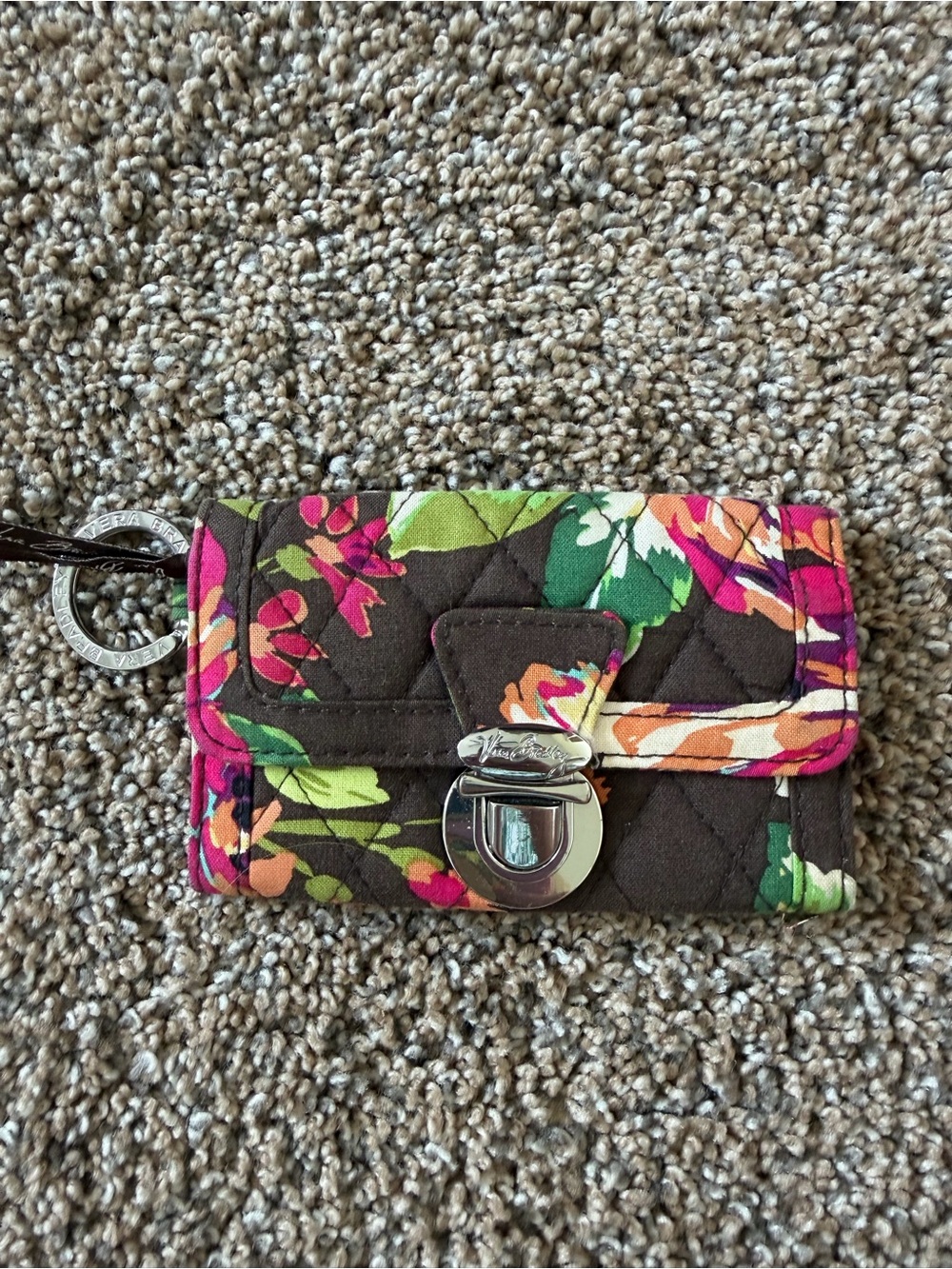 VERA BRADLEY Wallet English Rose Quick Swipe ID Brown Floral Key Ring